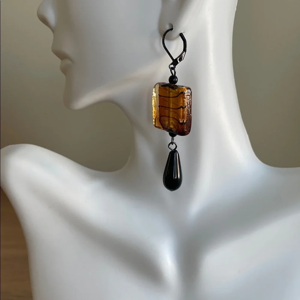 HAND CRAFTED DROP EARRINGS Clear Foil-lined Amber Glass Black Onyx Teardrops